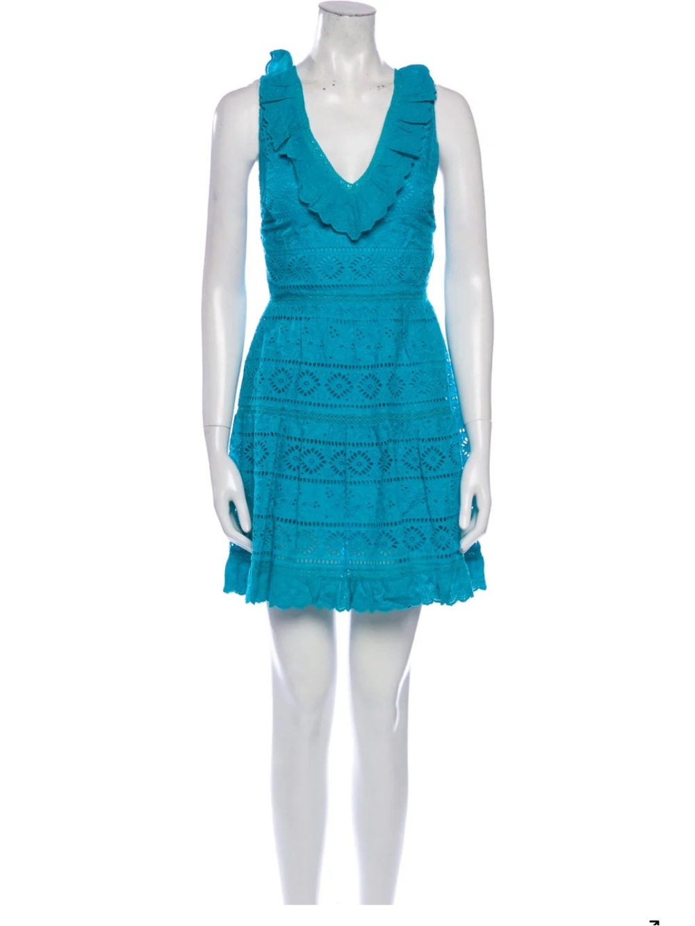 Alice + Olivia Teal Ruffled V-Neck Lace Mini Dress worn one time fits size 6-8